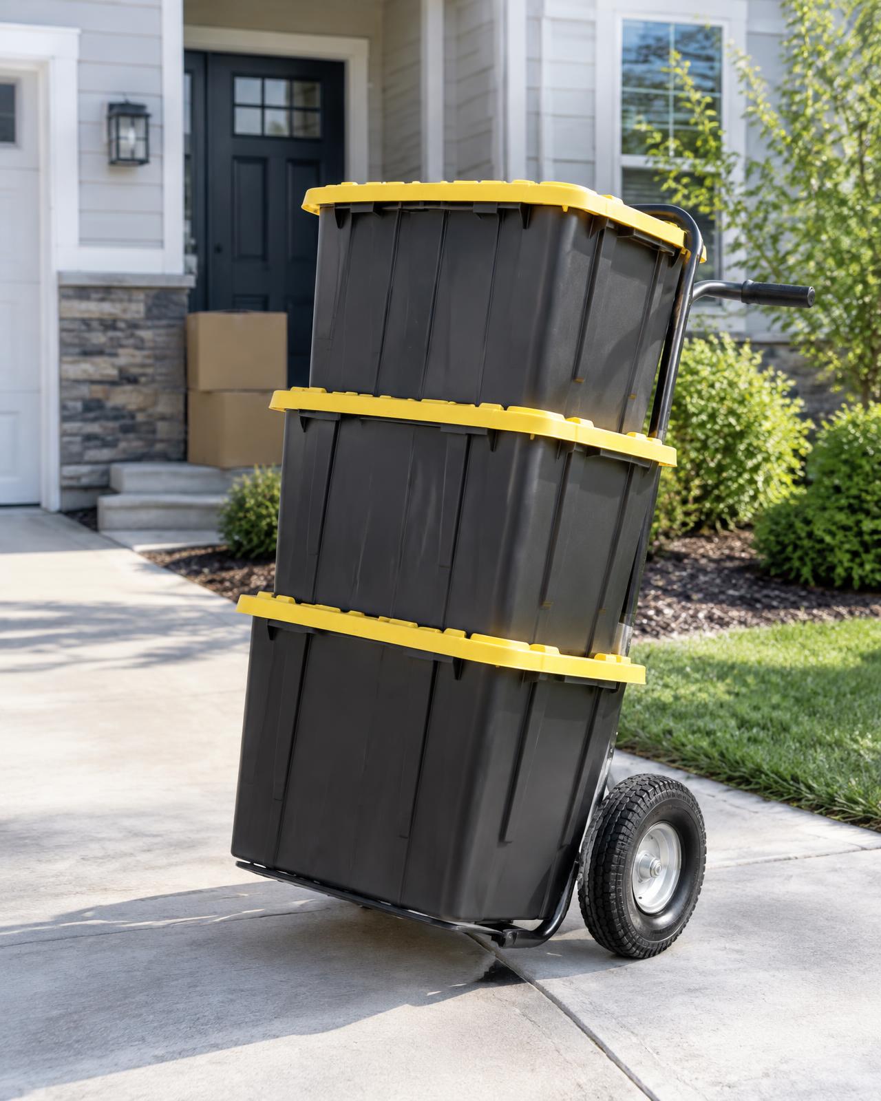 Black moving totes with yellow lids stacked on a dolly outside a home